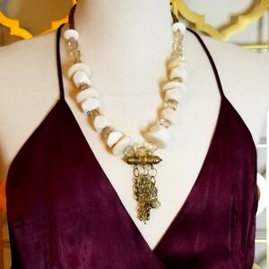 ✨️Ivory bone beads, Crystals, Tassel Focal Statement Necklace- Handcrafted✨️